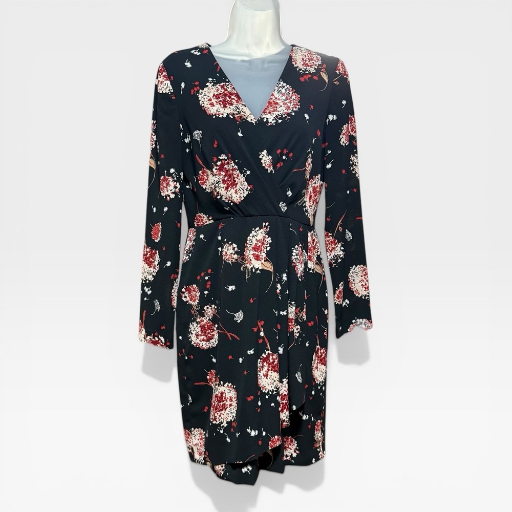 Slate & Willow Floral Faux Wrap Dress Womens 4 Black Red Excellent Long Sleeve